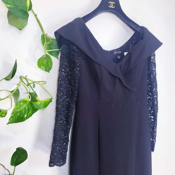 New XSCAPE  Formal Dress Black Small High Slit Long Lace Sequin Sleeves V-Neck - Picture 8 of 12